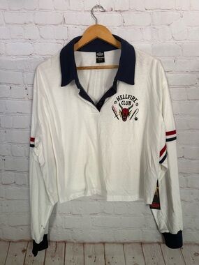 Hellfire Club Cropped Long Sleeve Rugby Polo White/Navy Womens Size XXL (20)